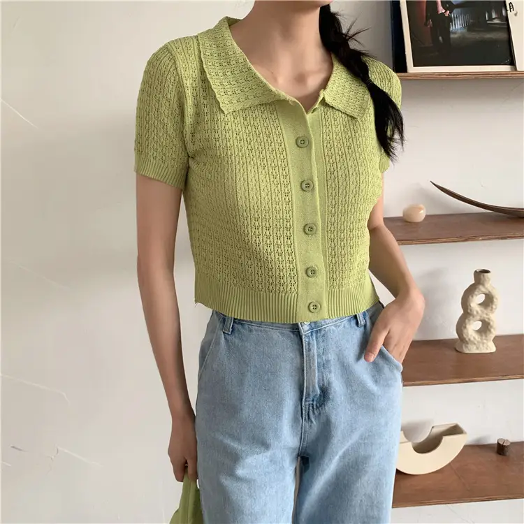 Women's Black Knitted Polo Collar Short Sleeve Cardigan — feature 14