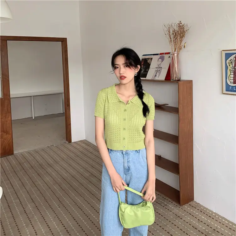 Women's Black Knitted Polo Collar Short Sleeve Cardigan — feature 17