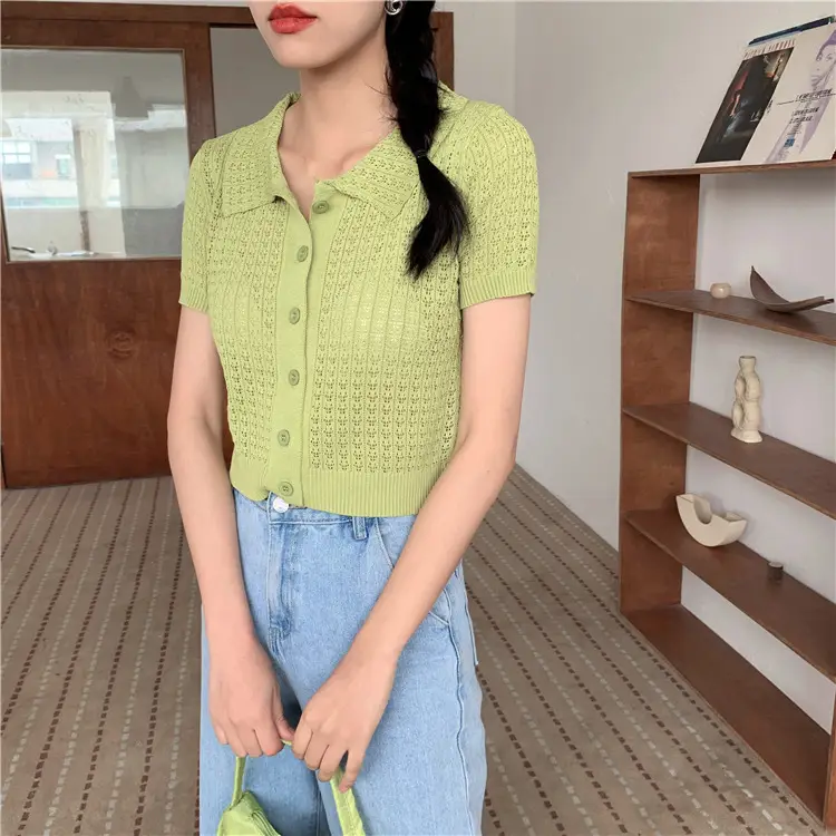 Women's Black Knitted Polo Collar Short Sleeve Cardigan — feature 18