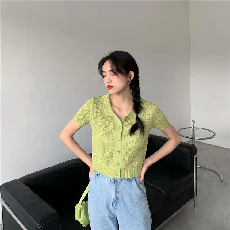 Women's Black Knitted Polo Collar Short Sleeve Cardigan — feature 21