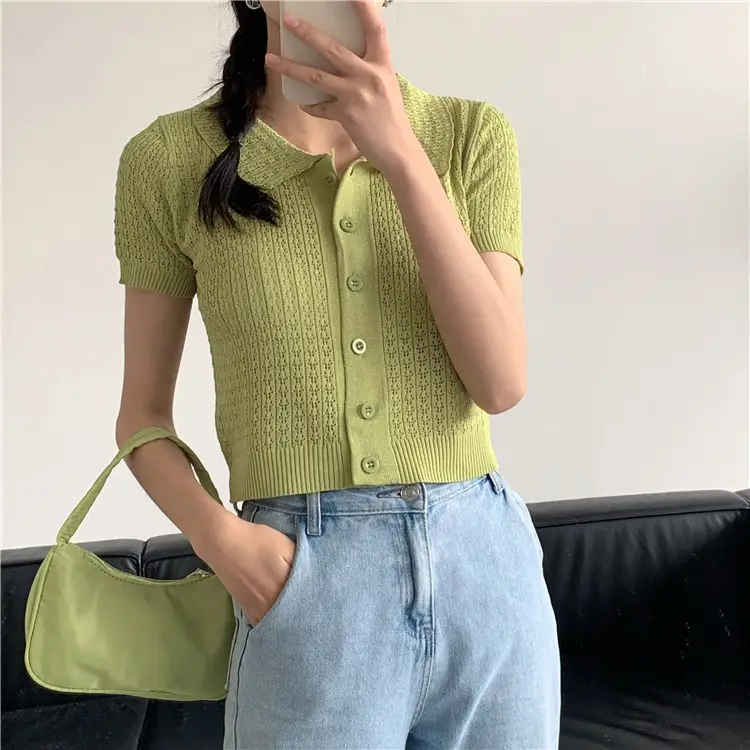 Women's Black Knitted Polo Collar Short Sleeve Cardigan — feature 22