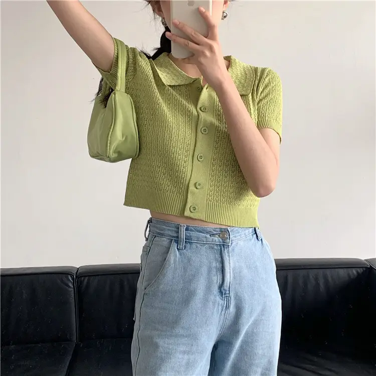 Women's Black Knitted Polo Collar Short Sleeve Cardigan — feature 24