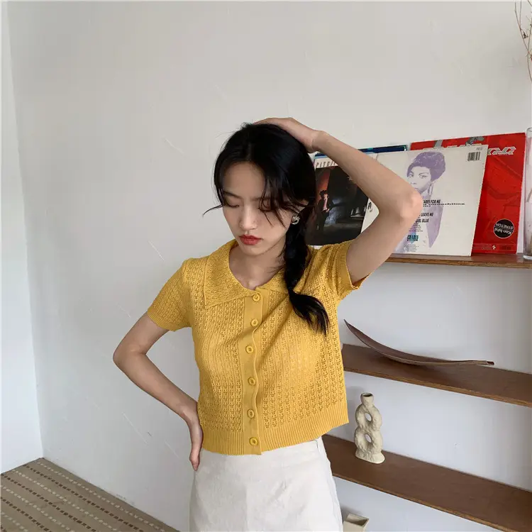 Women's Black Knitted Polo Collar Short Sleeve Cardigan — feature 25
