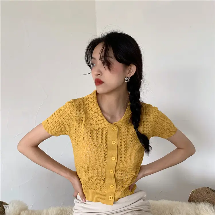 Women's Black Knitted Polo Collar Short Sleeve Cardigan — feature 26