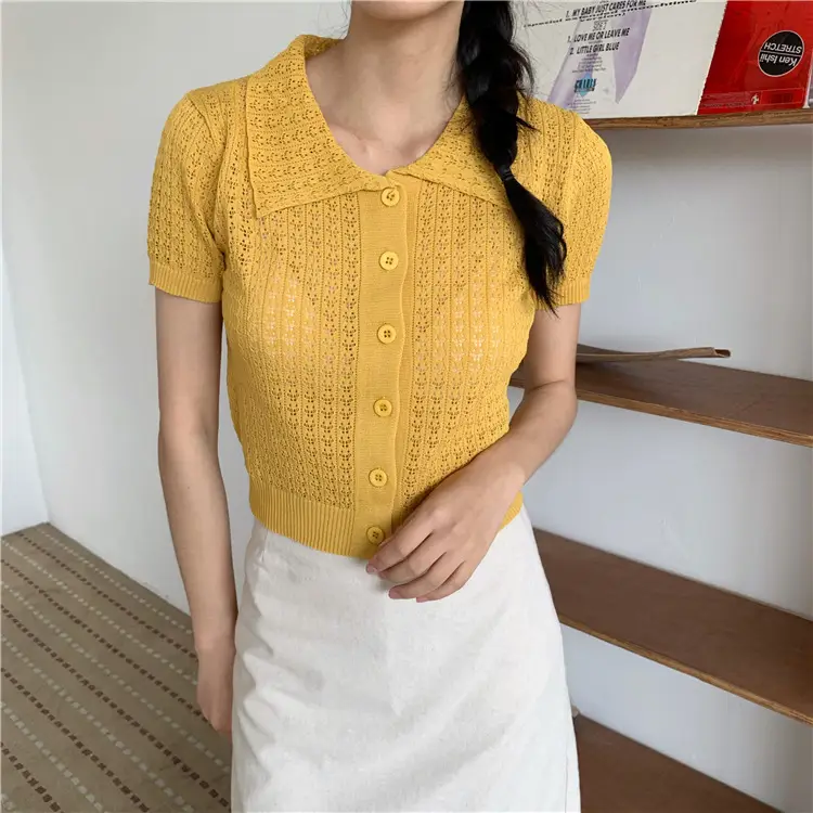 Women's Black Knitted Polo Collar Short Sleeve Cardigan — feature 27