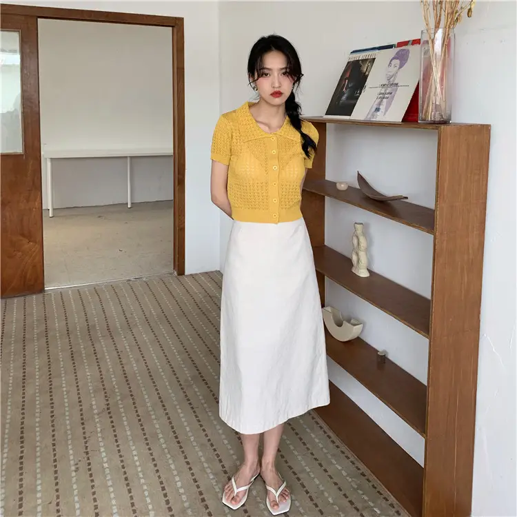 Women's Black Knitted Polo Collar Short Sleeve Cardigan — feature 28