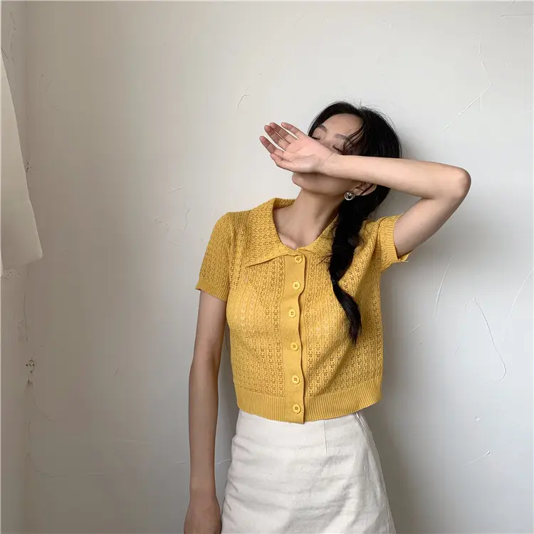 Women's Black Knitted Polo Collar Short Sleeve Cardigan — feature 29