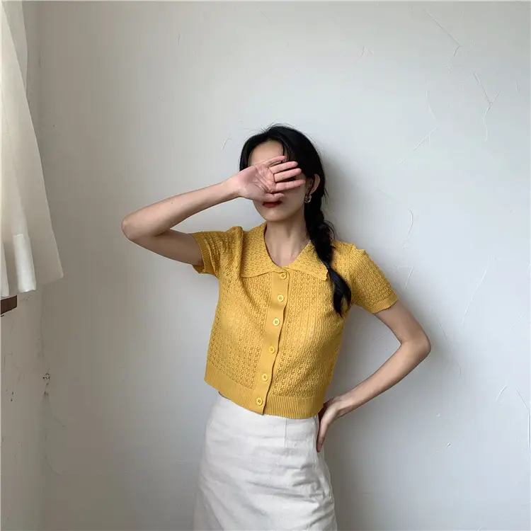 Women's Black Knitted Polo Collar Short Sleeve Cardigan — feature 30
