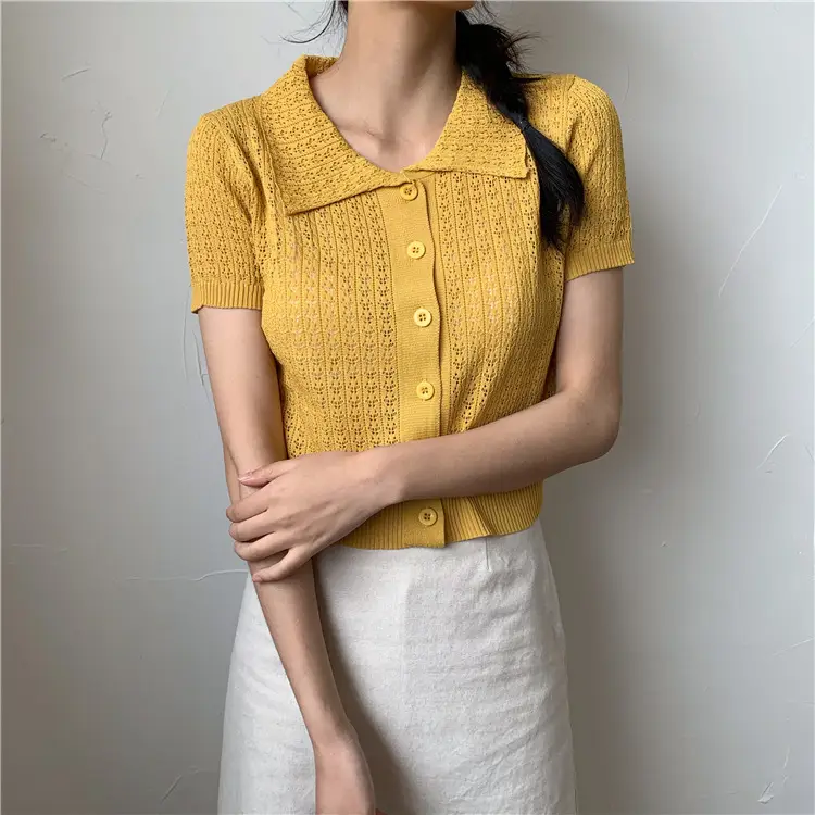 Women's Black Knitted Polo Collar Short Sleeve Cardigan — feature 31