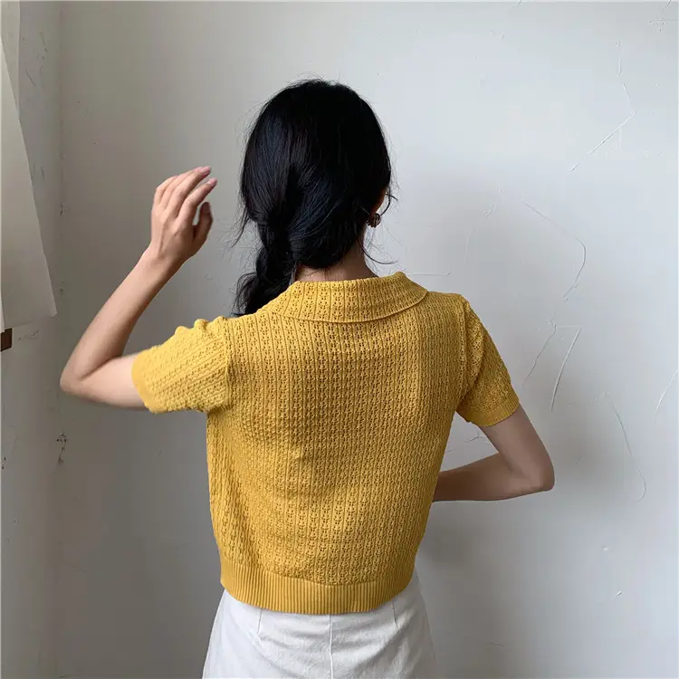 Women's Black Knitted Polo Collar Short Sleeve Cardigan — feature 32