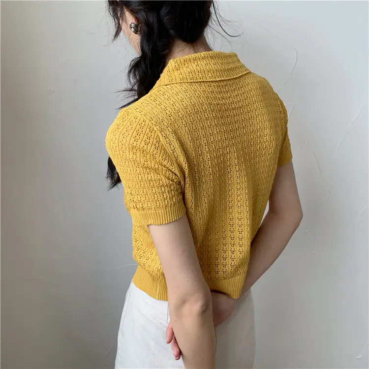Women's Black Knitted Polo Collar Short Sleeve Cardigan — feature 33