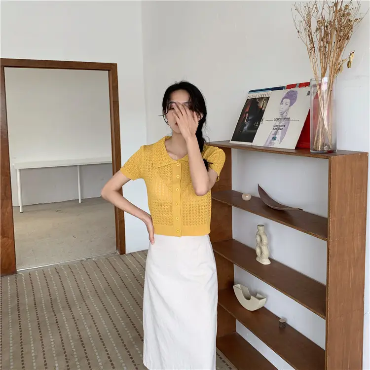 Women's Black Knitted Polo Collar Short Sleeve Cardigan — feature 34