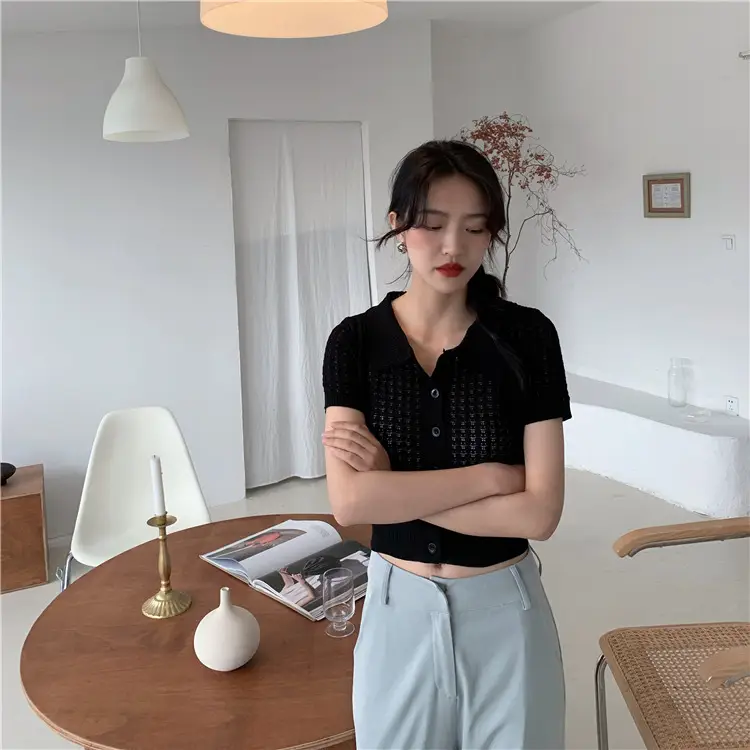 Women's Black Knitted Polo Collar Short Sleeve Cardigan — feature 37