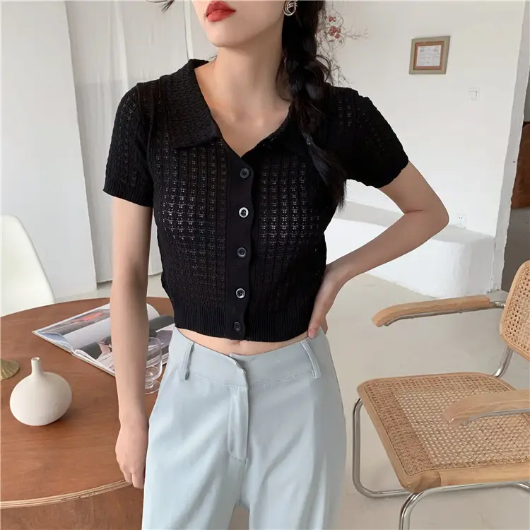 Women's Black Knitted Polo Collar Short Sleeve Cardigan — feature 38