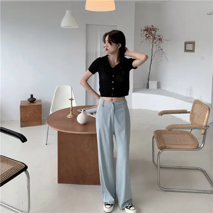 Women's Black Knitted Polo Collar Short Sleeve Cardigan — feature 39