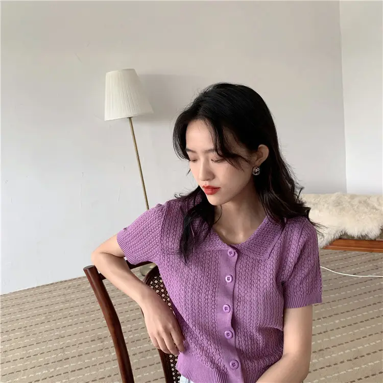 Women's Black Knitted Polo Collar Short Sleeve Cardigan — feature 4