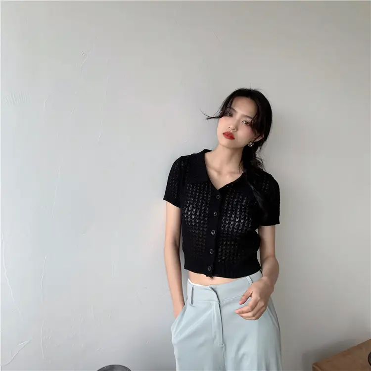 Women's Black Knitted Polo Collar Short Sleeve Cardigan — feature 40