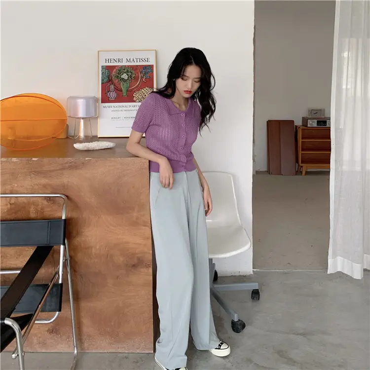 Women's Black Knitted Polo Collar Short Sleeve Cardigan — feature 41