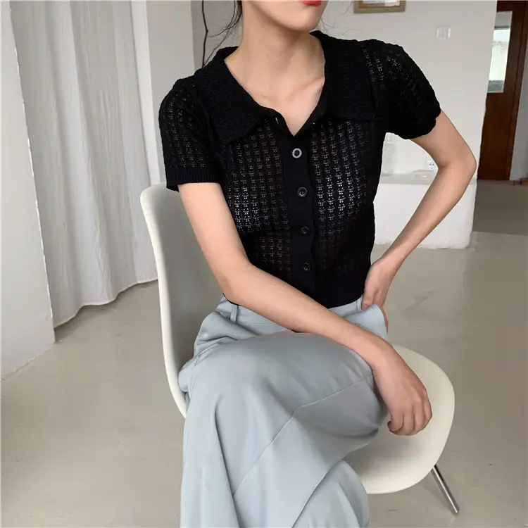 Women's Black Knitted Polo Collar Short Sleeve Cardigan — feature 42