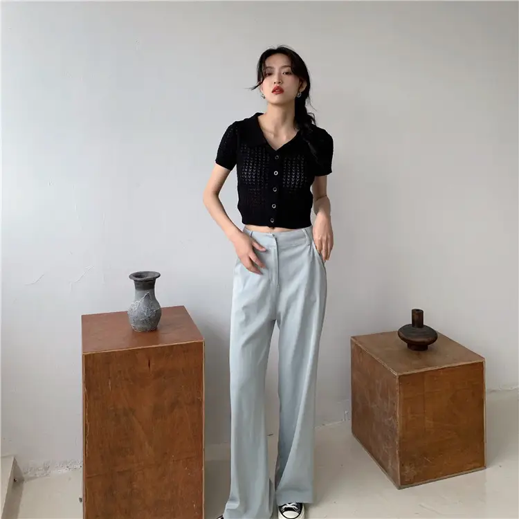 Women's Black Knitted Polo Collar Short Sleeve Cardigan — feature 43