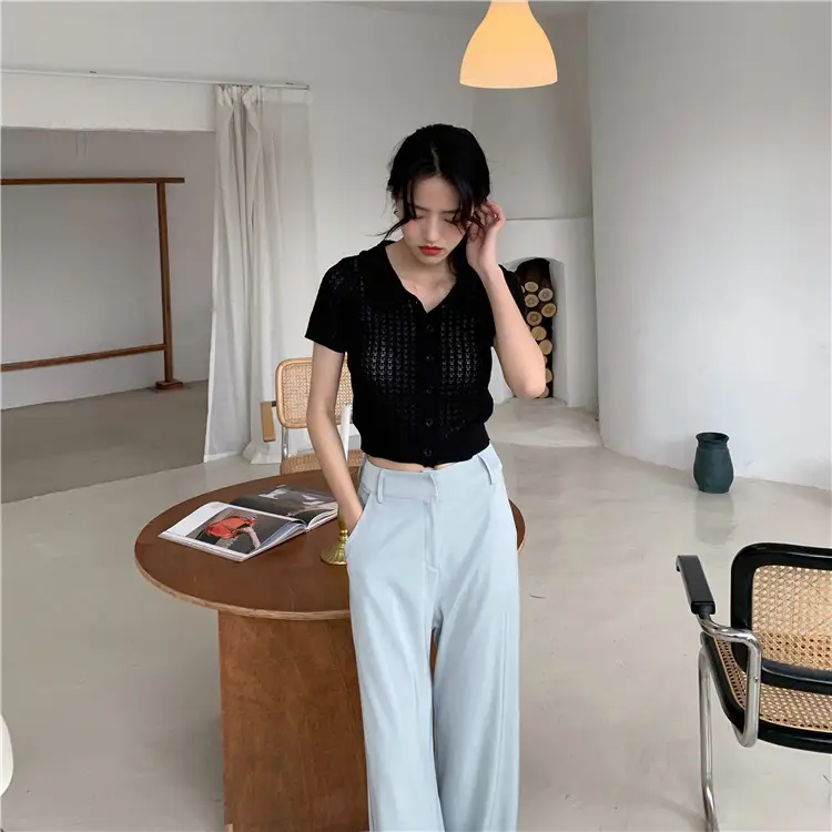 Women's Black Knitted Polo Collar Short Sleeve Cardigan — feature 44