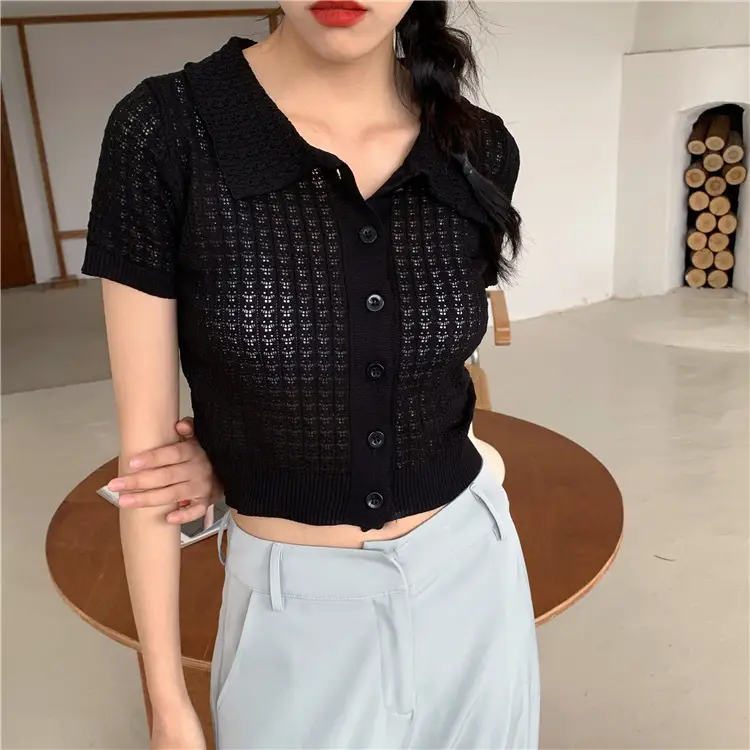 Women's Black Knitted Polo Collar Short Sleeve Cardigan — feature 45