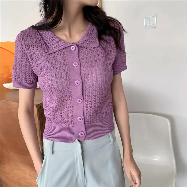 Women's Black Knitted Polo Collar Short Sleeve Cardigan — feature 47