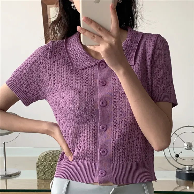 Women's Black Knitted Polo Collar Short Sleeve Cardigan — feature 48