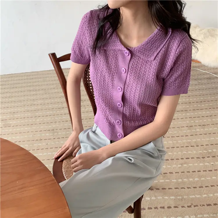 Women's Black Knitted Polo Collar Short Sleeve Cardigan — feature 5