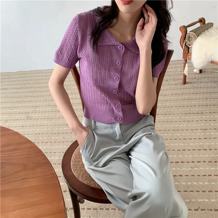 Women's Black Knitted Polo Collar Short Sleeve Cardigan — feature 6