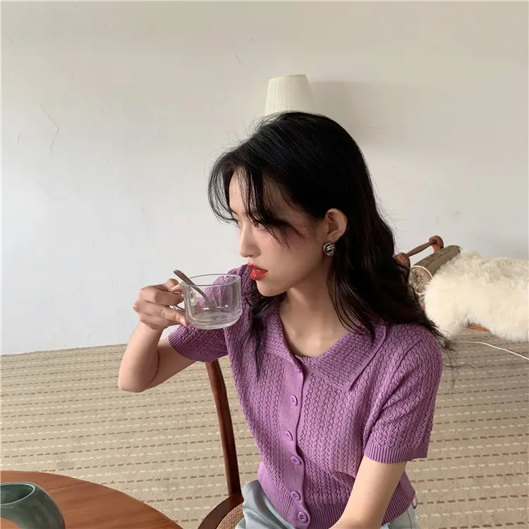 Women's Black Knitted Polo Collar Short Sleeve Cardigan — feature 8