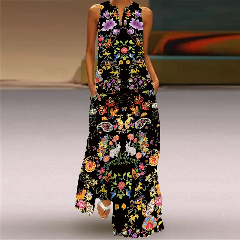 2026 Printed V Neck Sleeveless Long Dress for Women - Image 10
