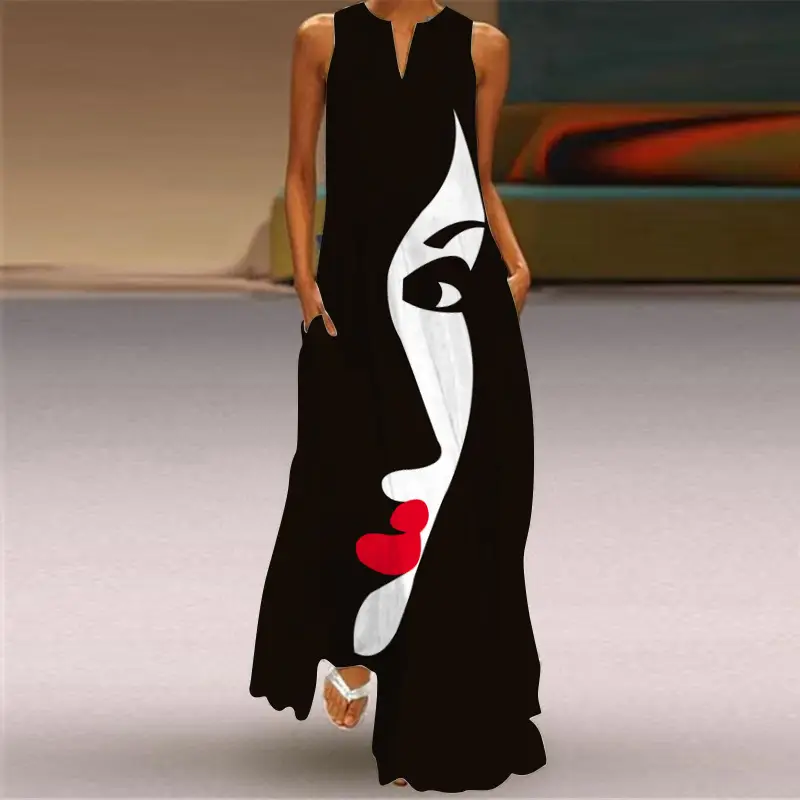 2026 Printed V Neck Sleeveless Long Dress for Women - Image 4