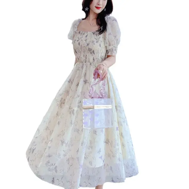 2024 Summer French Ink Painting Bubble Sleeve Dress - Image 10