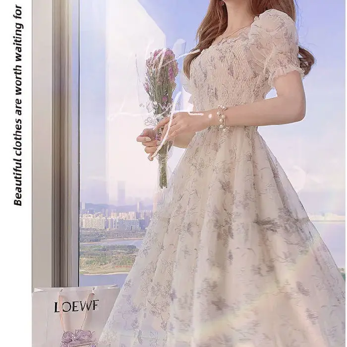 2024 Summer French Ink Painting Bubble Sleeve Dress - Image 5