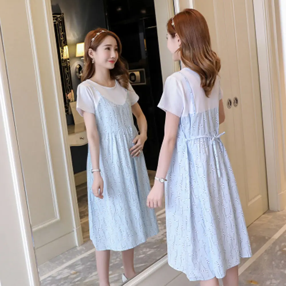 Light Blue Heart Print Korean Style Pregnant Women Dress Large - Image 5