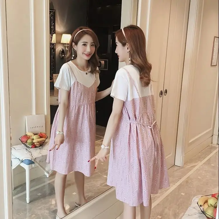 Light Blue Heart Print Korean Style Pregnant Women Dress Large - Image 6