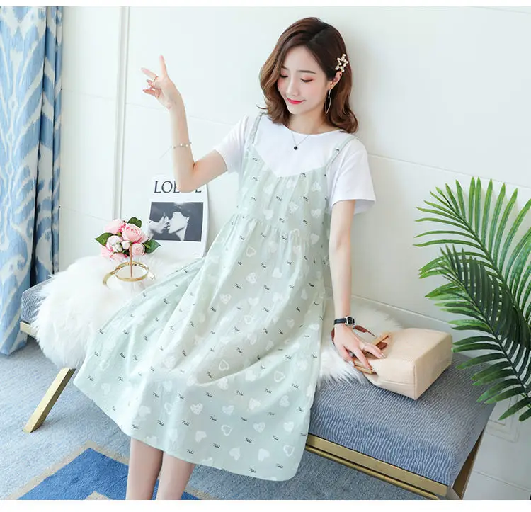 Light Blue Heart Print Korean Style Pregnant Women Dress Large — feature 23