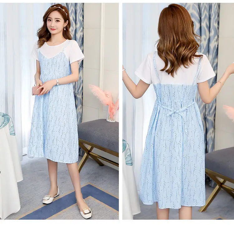 Light Blue Heart Print Korean Style Pregnant Women Dress Large — feature 34
