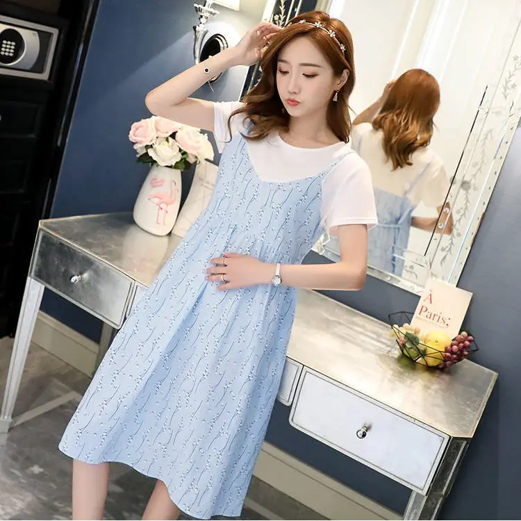Light Blue Heart Print Korean Style Pregnant Women Dress Large - Image 3