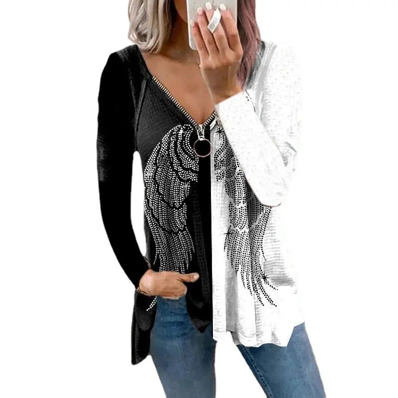 2024 V-Neck Printed Zipper Pullover Women