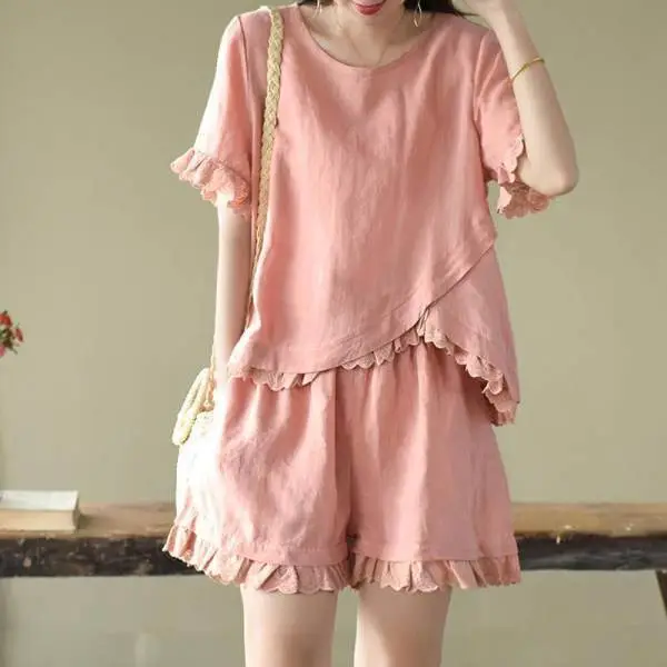 Women 2-Piece Pink Ruffled Casual Suit Set - Image 2