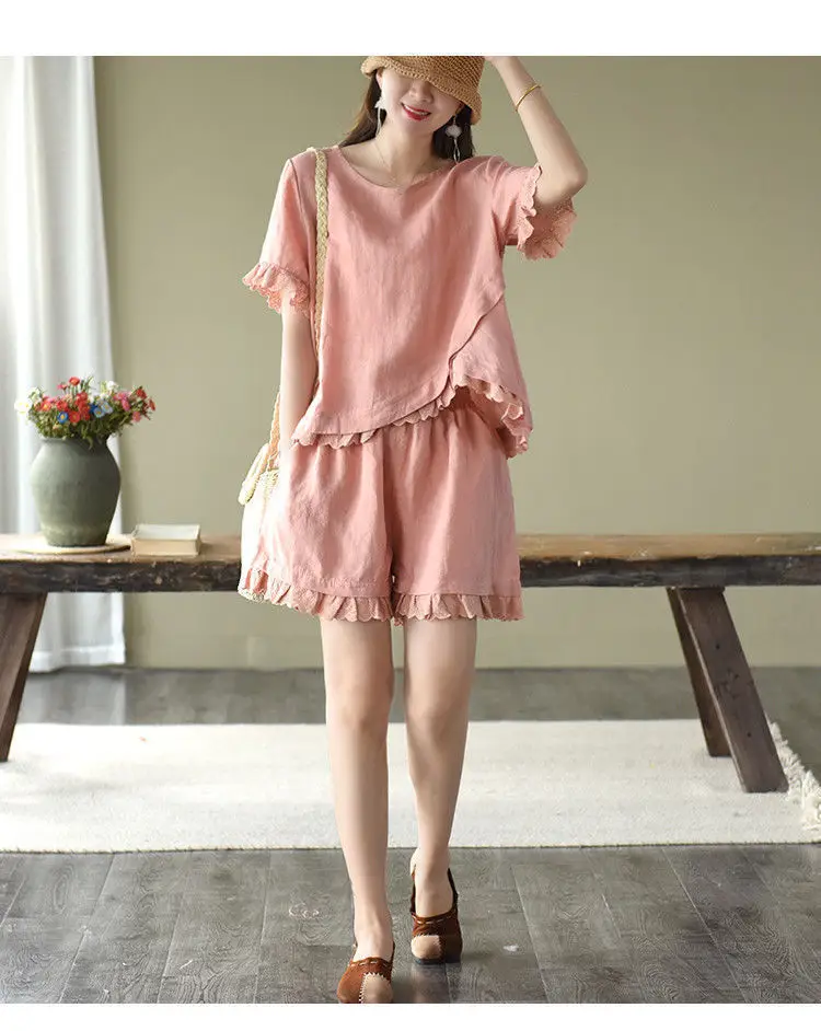Women 2-Piece Pink Ruffled Casual Suit Set — feature 13