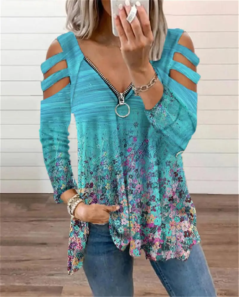 Women's Red Embroidered Cold Shoulder T-Shirt - Image 13