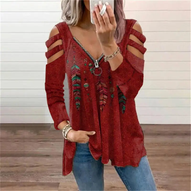 Women's Red Embroidered Cold Shoulder T-Shirt - Image 5
