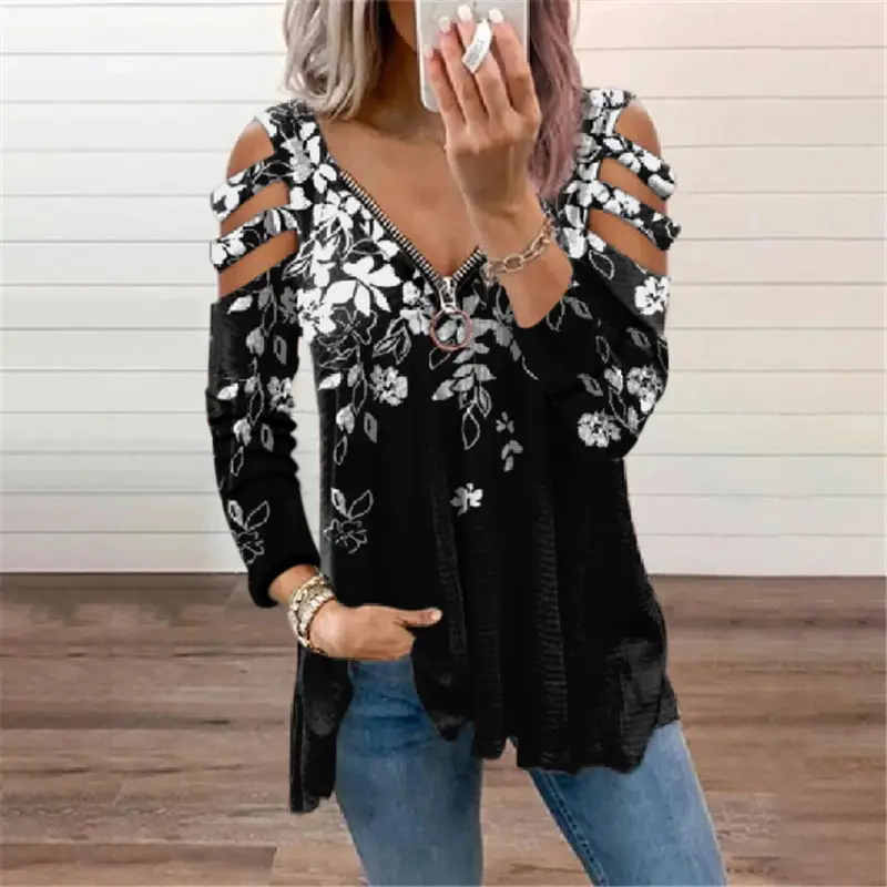 Women's Red Embroidered Cold Shoulder T-Shirt - Image 9
