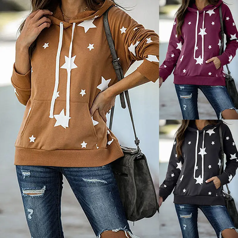 Women Star Print Hoodie Maroon Long Sleeve - Image 2