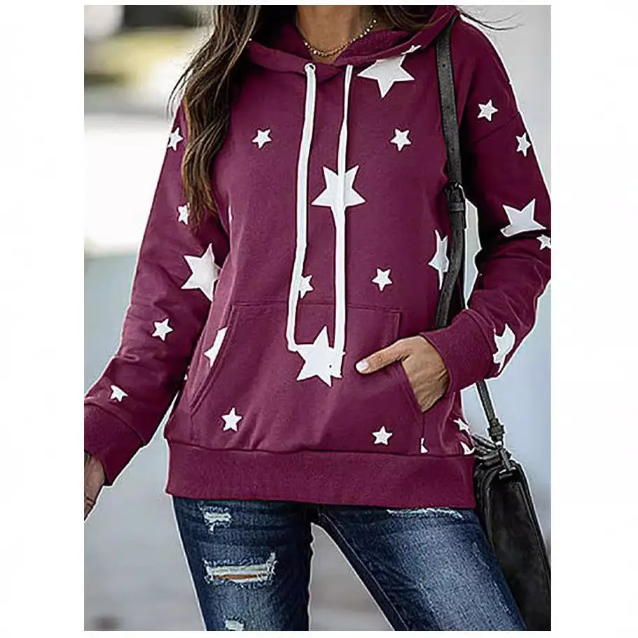 Women Star Print Hoodie Maroon Long Sleeve - Image 3