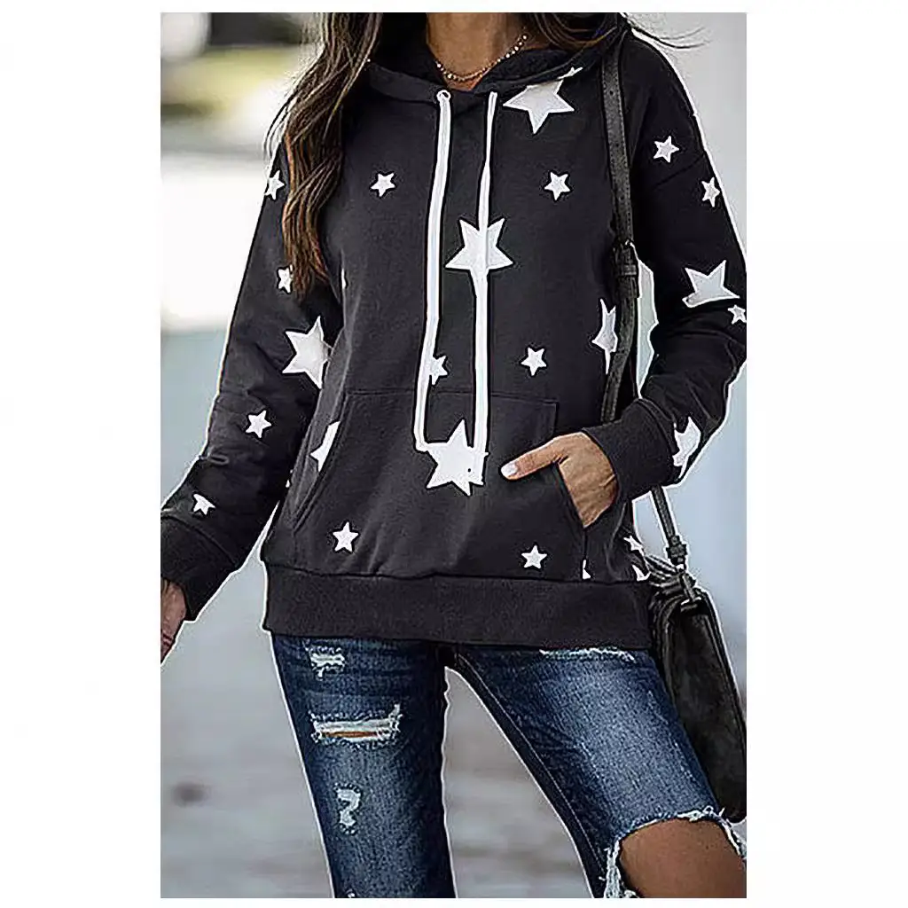 Women Star Print Hoodie Maroon Long Sleeve - Image 4