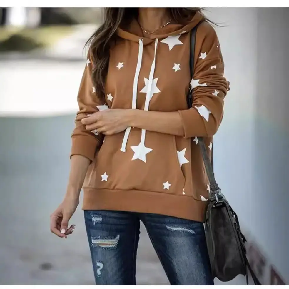 Women Star Print Hoodie Maroon Long Sleeve - Image 5